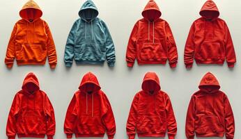 AI generated Red hoodies on a white background. A collection of different colored hoodies displayed on a plain white background. photo