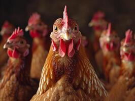 AI generated A large group of chickens standing. A photo capturing a lively group of chickens standing side by side, showcasing their unique feathers and personalities.