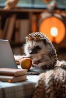 AI generated The hedgehog sitting next to a laptop. A cute hedgehog happily munches on an apple while sitting beside a laptop. photo