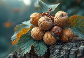 AI generated A group of nuts in group with leaf. A variety of nuts, including walnuts, almonds, and pecans, gathered and protected on the upper branches of a tree. photo