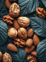 AI generated Almonds and walnuts on white background. A captivating image showcasing a diverse variety of nuts surrounded by lush leaves, an ode to the richness and beauty of the natural world. photo