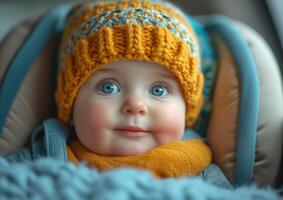 AI generated Baby in Car Seat With Knitted Hat, Safe and Stylish Travel for Infants photo