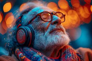 AI generated Man laughing with headphones. A man wearing headphones and a scarf walks in an urban environment. photo