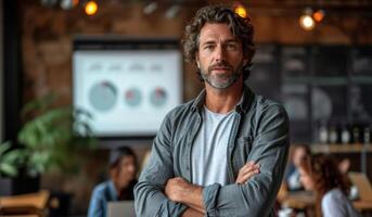 AI generated Man Giving Presentation in Front of Group of People. A man standing confidently in front of a diverse group of individuals. photo