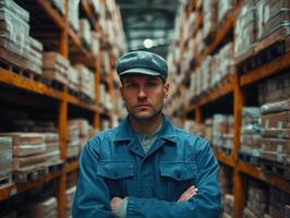 AI generated Man wearing a blue uniform in warehouse. A man stands with his arms crossed in a warehouse, representing a strong and confident business presence. photo