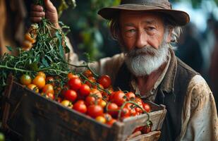 ai generado el más viejo propietario de el granja sostiene un hombre es participación un caja lleno con maduro Tomates, Listo para cosecha o entrega. foto