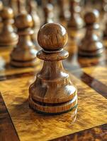 AI generated Chess pieces are on a wooden board. A detailed close-up view of a classic wooden chess board, perfect for intense and calculated battles of strategy. photo