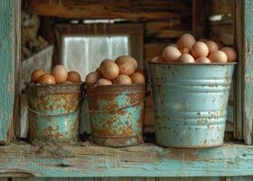 ai generado cubos lleno de algunos huevos en un desgastado cobertizo. un foto demostración un Pareja de cubos lleno con huevos arreglado pulcramente en parte superior de un estante.