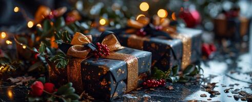 AI generated Group of Wrapped Presents on Table, Celebrating the Joy of Giving photo