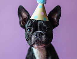 ai generado negro y blanco perro vistiendo fiesta sombrero - celebrando con alegre canino compañero foto