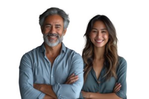 AI generated Couple of smiling mature Latin business man and asian business woman standing arms crossed isolated on transparent background png