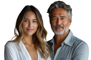 AI generated Couple of smiling mature Latin business man and asian business woman standing arms crossed isolated on transparent background png