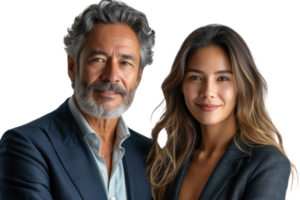 AI generated Couple of smiling mature Latin business man and asian business woman standing arms crossed isolated on transparent background png