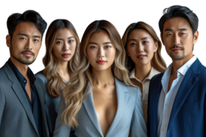 ai genererad porträtt av framgångsrik grupp av asiatisk företag människor på modern kontor ser på kamera isolerat på transparent bakgrund png