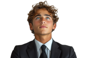 AI generated Handsome young man wearing a suit and tie, hugging his chest, looking off to the side, isolated on transparent background png