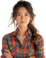 Beautiful young asian woman wearing a plaid shirt isolated on transparent background. png