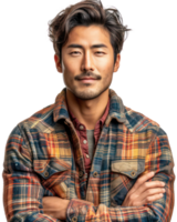 ai généré Beau Jeune asiatique homme portant une plaid chemise isolé sur transparent Contexte. png