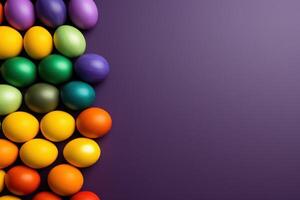 AI generated Colorful Easter eggs on purple background. Top view with copy space photo