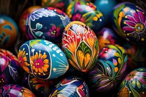 AI generated A vibrant pile of painted eggs stacked on top of each other, showcasing various colors and designs. photo