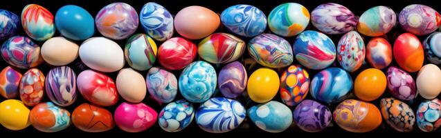 AI generated Colorful easter eggs on black background. Happy Easter background. Banner photo