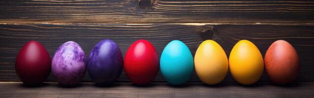 ai generado vistoso Pascua de Resurrección huevos en oscuro de madera antecedentes. contento Pascua de Resurrección. bandera foto