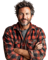 Handsome man wearing a plaid shirt isolated on transparent background. png