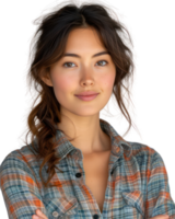 Beautiful young asian woman wearing a plaid shirt isolated on transparent background. png