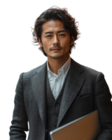 Young Asian business man holds laptop isolated on transparent background. png