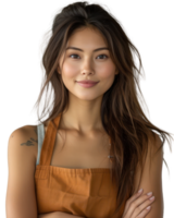 Young beautiful Asian woman wearing an apron smiling as a waitress or shop owner isolated on transparent background. png