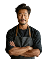 Asian man wearing an apron smiles as a waiter or shop owner. Isolated on transparent background. png