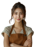 joven hermosa asiático mujer vistiendo un delantal sonriente como un camarera o tienda propietario aislado en transparente antecedentes. png
