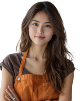 joven hermosa asiático mujer vistiendo un delantal sonriente como un camarera o tienda propietario aislado en transparente antecedentes. png