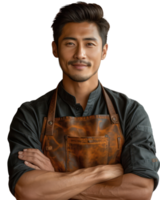 Asian man wearing an apron smiles as a waiter or shop owner. Isolated on transparent background. png