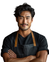 Asian man wearing an apron smiles as a waiter or shop owner. Isolated on transparent background. png