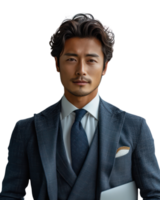 Young Asian business man holds laptop isolated on transparent background. png