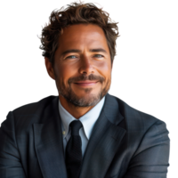 Smiling middle-aged male businessman in suit, isolated on transparent background. png