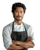 Asian man wearing an apron smiles as a waiter or shop owner. Isolated on transparent background. png