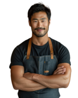 Asian man wearing an apron smiles as a waiter or shop owner. Isolated on transparent background. png