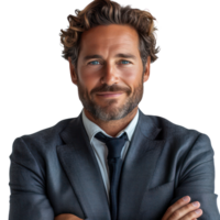 Smiling middle-aged male businessman in suit, isolated on transparent background. png