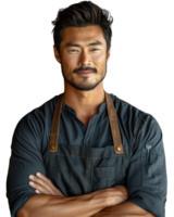 asiatique homme portant un tablier sourit comme une serveur ou magasin propriétaire. isolé sur transparent Contexte. png
