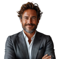 Smiling middle-aged male businessman in suit, isolated on transparent background. png