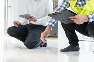 inspector ingeniero y propietario proyecto es inspeccionando construcción y calidad garantía nuevo casa. ingenieros o arquitectos o contactor trabajo a construir el casa antes de entrega eso terminado a el dueño de casa foto