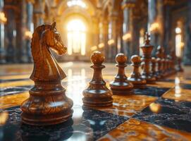 AI generated Image for chess scene in 3d. A striking photo capturing a horse game piece positioned on a chess board, highlighting the essence of strategy in this iconic game.