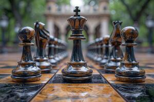 AI generated A chess board with many pieces around it. Explore the intricate details of a chess board with pieces, where tactical decisions and strategic maneuvers take center stage. photo