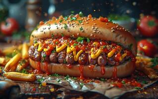 AI generated Hot Dog With Ketchup and Mustard Sauce - Delicious Fast Food Condimented photo