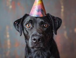 AI generated A dog wearing a hat and wearing a birthday hat. A black dog joyfully sports a party hat, adding an element of celebration and fun. photo