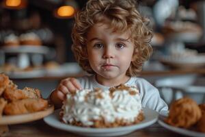 ai generado un joven chico es comiendo algunos pastel. un joven niña se sienta a un mesa, su plato lleno con alimento, Listo a disfrutar su comida. foto