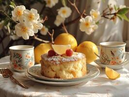 AI generated A plate with a cake cups. Table With Powdered Sugar Covered Cake for Celebration and Dessert photo