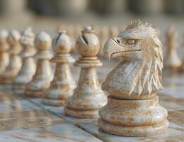 AI generated Eagles chess pieces lying out on the chessboard. A detailed view of a chess board featuring a prominent bird statue placed on it. photo