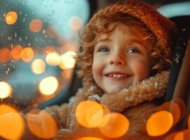 AI generated A child with childsized shoulders is smiling. A small child sits in the backseat of a car, gazing out the window with hopeful anticipation. photo